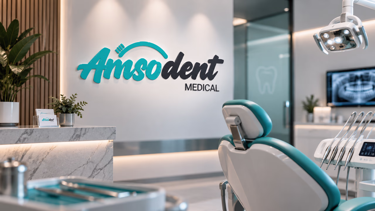 Amsodent Medical — the clinic reception, with the brand on the wall beside a treatment chair.