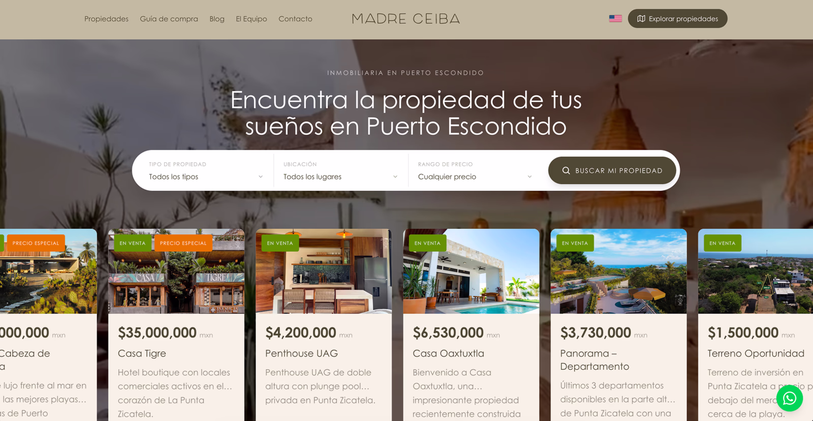 Home page: a search over property type, location and price range, with featured listings beneath it.