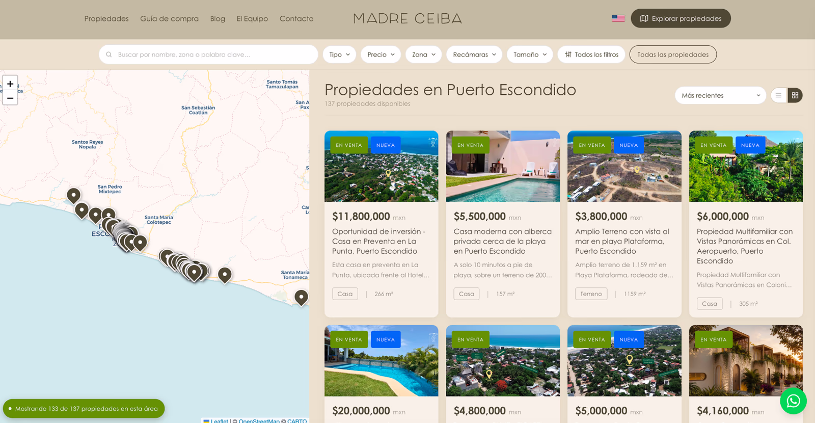 Search results beside a live map of the coast, every listing pinned where it stands.