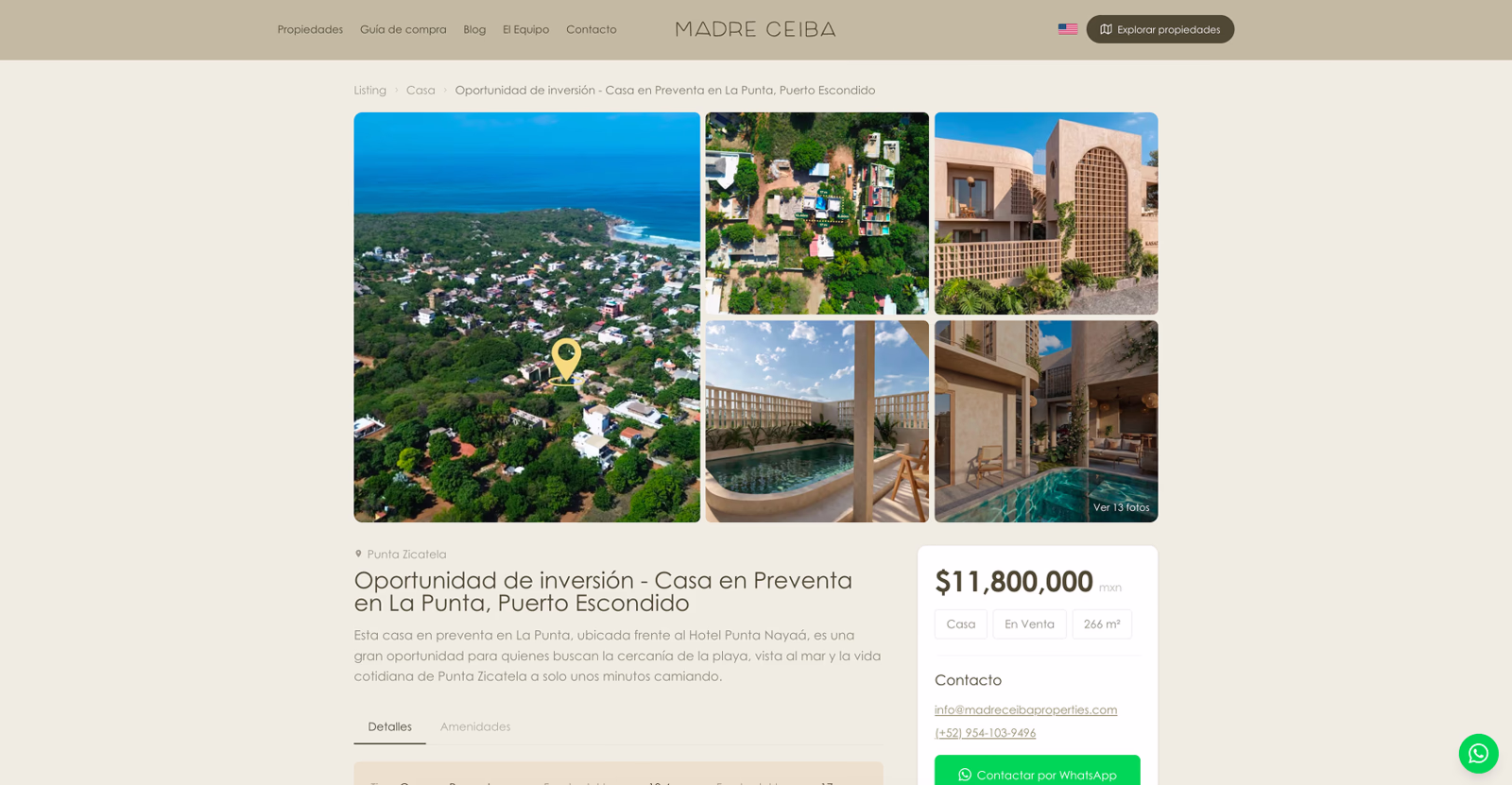 A property page: photo gallery, price, surface area and direct contact by email or WhatsApp.