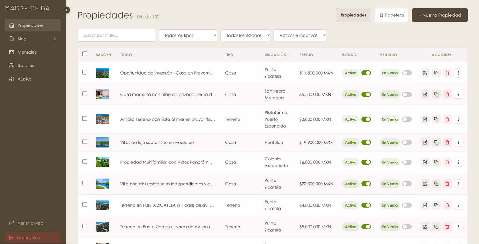 The admin area: the full inventory, filterable, each row published or withdrawn with one switch.