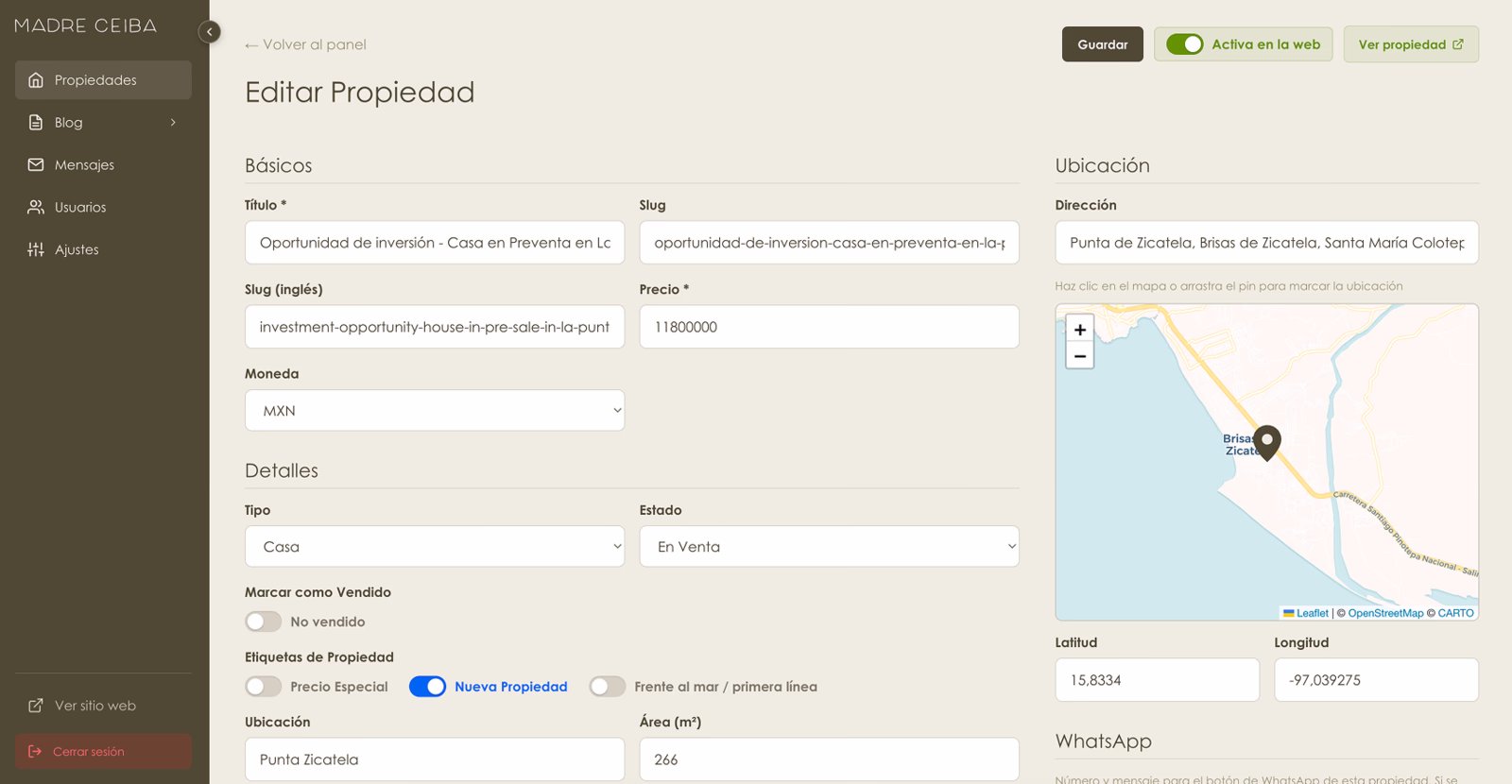Editing a property: Spanish and English addresses side by side, and a map to place the pin.